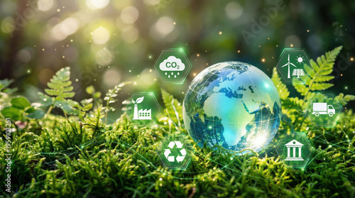 Sustainable supply chain logistics nature globe ecology icon glow on green moss forest background