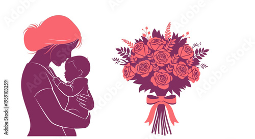 Mother tenderly holding baby with bouquet of roses on side