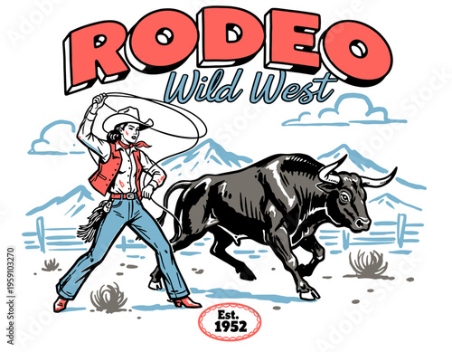 Vintage rodeo wild west cowgirl with lasso and bull, retro american country western vector illustration for t-shirt design