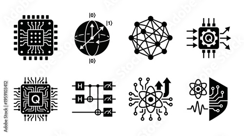 Quantum Computing & Advanced Tech Vector Icon Set – Scientific Vectors Featuring Quantum Chips, Qubits, Algorithms, Data Processing, Networks, Futuristic Processors, and Scientific Tools