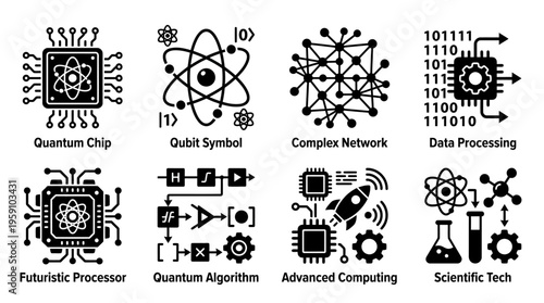 Quantum Computing & Advanced Tech Vector Icon Set – Scientific Vectors Featuring Quantum Chips, Qubits, Algorithms, Data Processing, Networks, Futuristic Processors, and Scientific Tools