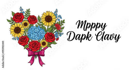 Colorful bouquet of flowers with red roses and sunflowers and blue hydrangeas and ribbon