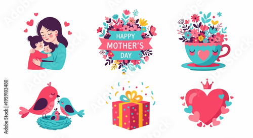 Mother's Day illustrations with happy mother and children, gifts, hearts, and flowers