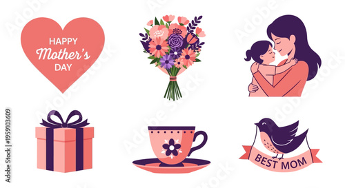 Mother's Day celebration graphics with heart, flowers, and mother child illustration