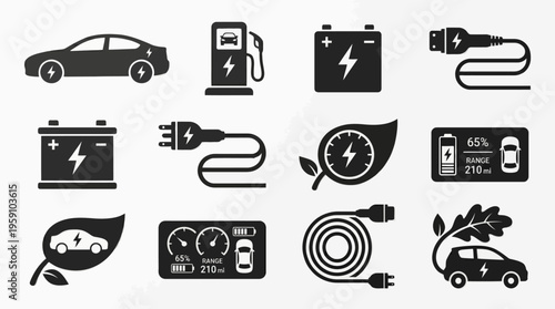 Electric Vehicle & EV Charging Vector Icon Set – Eco Vectors Featuring Cars, Charging Stations, Batteries, Cables, Dashboards, Leaf Symbols, and Energy Meters