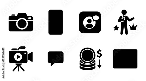 Social Media & Influencer Tools Vector Icon Set – Trendy Vectors Featuring Cameras, Smartphones, Likes, Followers, Content Creation, Monetization, Livestreams, and Shopping