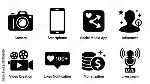 Social Media & Influencer Tools Vector Icon Set – Trendy Vectors Featuring Cameras, Smartphones, Likes, Followers, Content Creation, Monetization, Livestreams, and Shopping