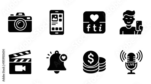 Social Media & Influencer Tools Vector Icon Set – Trendy Vectors Featuring Cameras, Smartphones, Likes, Followers, Content Creation, Monetization, Livestreams, and Shopping
