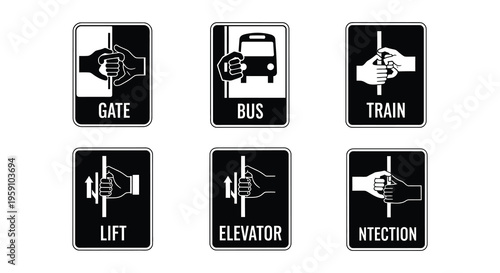 Black and white icons depicting elevator and train call buttons