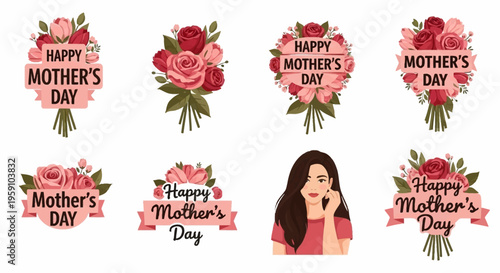 Mother's Day graphics with flowers and a smiling woman on the phone call