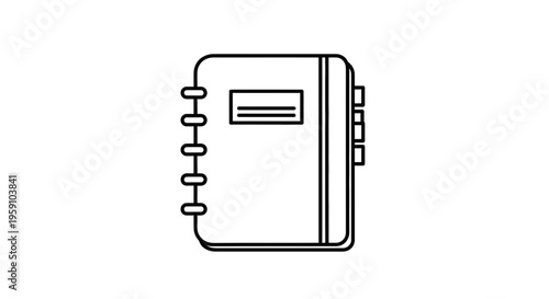 Minimalist outline icon of a spiral-bound notebook or planner with a label