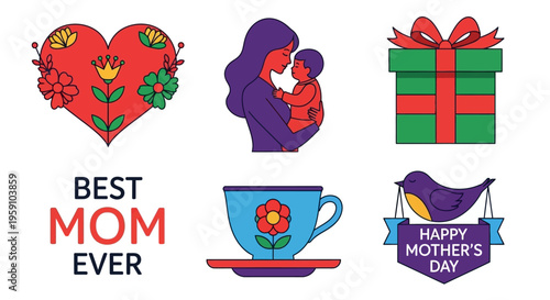 Mother's Day graphics with loving mother and child and happy celebration symbols