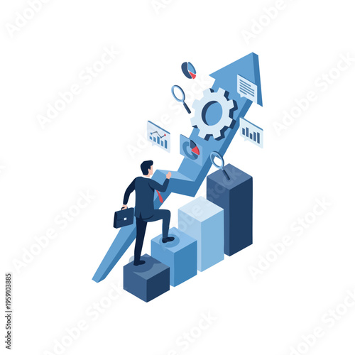 Wallpaper Mural Businessman climbing growth chart with gears and data analysis. Torontodigital.ca