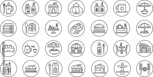 Restaurant and cafe line icon set with food drinks and interior elements, minimal vector illustration collection for menu hospitality and dining concepts