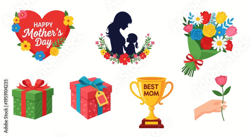 Mother's Day graphics with flowers, gifts, and a best mom trophy illustration