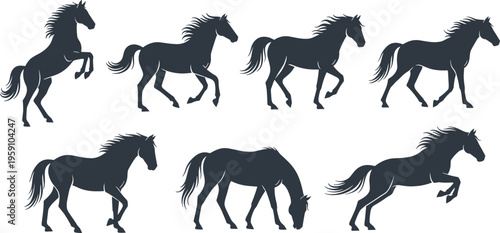 Set of horse silhouettes in motion showing different poses including running trotting grazing and rearing, elegant vector collection of wild and domestic horses