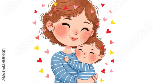 Mother and child sharing a warm loving moment with hearts around them smiling