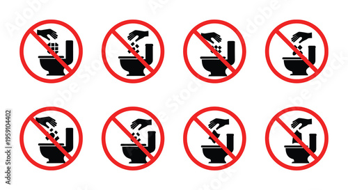 No flushing of items into the toilet a set of prohibition signs