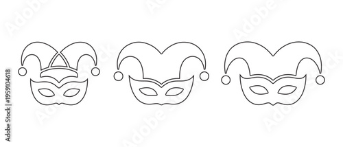Three simple line art illustrations of jester masks with bells on a white background.