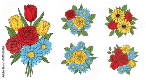 Colorful bouquets of roses tulips and daisies in various arrangements displayed