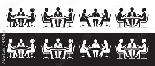 Business Meeting Icons. Diverse People Discussing at Table, Professional Communication & Teamwork Vector Set.