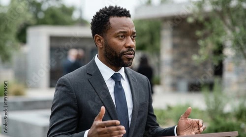 A young African man in a suit speaks at a podium outdoors. He gestures with his hands, surrounded by greenery and a modern building in the background.
