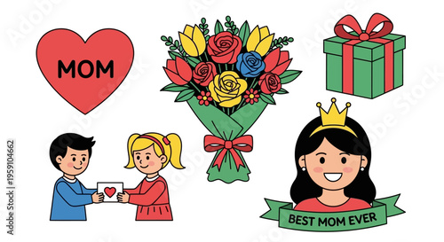 Colorful cartoon illustrations celebrating motherhood with flowers and gifts