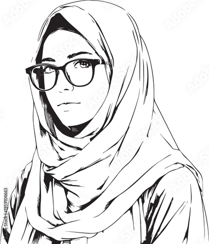 Hand Drawn Woman Wearing Hijab Black and White Avatar Illustration in Minimal Solid Art Style Design