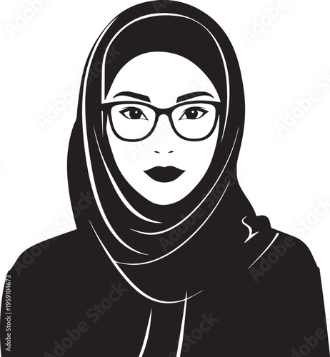 Hand Drawn Woman Wearing Hijab Black and White Avatar Illustration in Minimal Solid Art Style Design