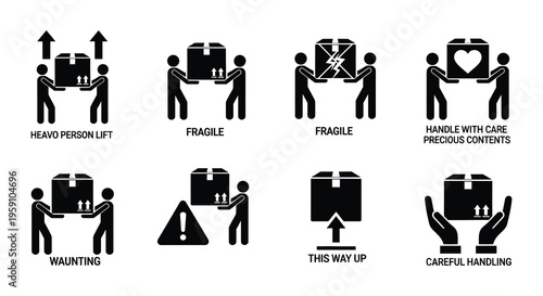 Various black and white shipping and handling symbols for packaging