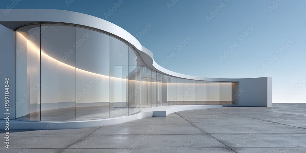 Fototapeta premium Futuristic Minimalist Architectural Building with Curved Glass Facade and Soft Lighting on an Open Concrete Plaza