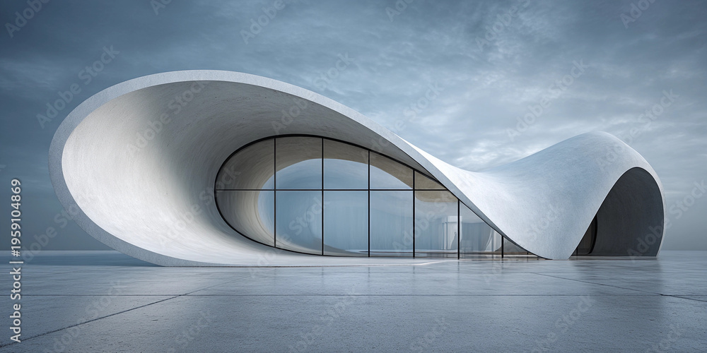 Fototapeta premium Futuristic Modern Architectural Structure with Organic Fluid Curves and Glass Facade against a Dramatic Overcast Sky, Minimalist Design Concept