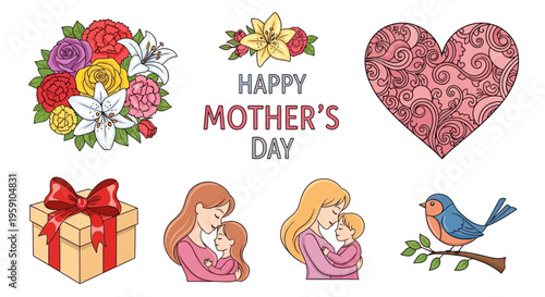 Mother's Day celebration with flowers, gifts, and loving moments between mothers and children