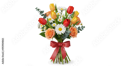 Beautiful bouquet of colorful flowers with a red ribbon around the stems inside