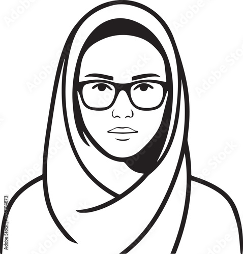 Hand Drawn Woman Wearing Hijab Black and White Avatar Illustration in Minimal Solid Art Style Design