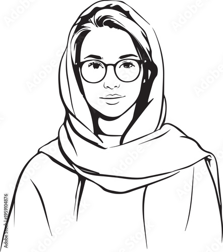 Hand Drawn Woman Wearing Hijab Black and White Avatar Illustration in Minimal Solid Art Style Design