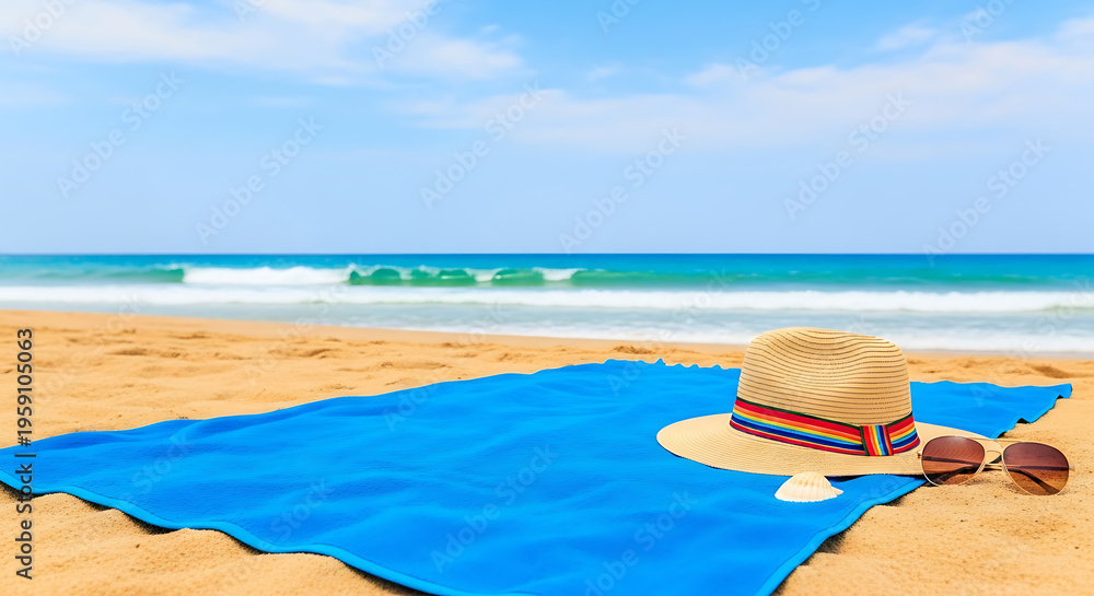 Obraz premium Vibrant azure fabric textile spread across golden sand alongside a straw sunhat, capturing the essence of a serene tropical vacation at a sun-drenched coastline during a warm seasonal holiday.