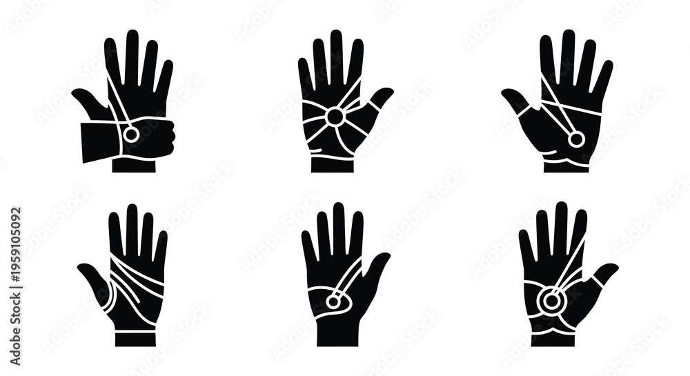 Fototapeta premium Various depictions of injured hands with bandages and broken bones