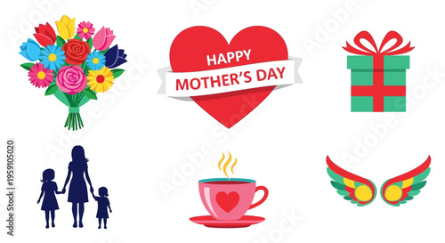 Colorful happy mother's day illustrations with flowers and gifts