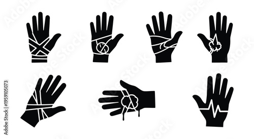 Various depictions of injured hands with bandages and broken bones