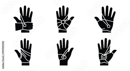 Various depictions of injured hands with bandages and broken bones