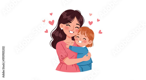 Mother and child sharing a warm and loving hug together with hearts around them