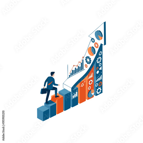Wallpaper Mural Businessman climbing steps towards a towering growth chart. Torontodigital.ca