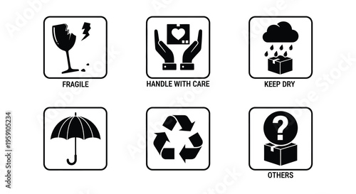 Set of black and white shipping and handling symbol icons displayed