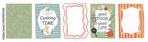 Hand drawn cards set cooking cards with Cooking TIME, good FOOD good LIFE, hand gestures, kitchen tools and decorative frames background, Seamless pattern, texture for food content.