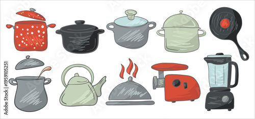 cooking tools for culinary and Kitchen essentials stuff cookware utensil vector cartoon hand drawn illustration Culinary equipment Food preparation instruments. Chef gadgets Vintage kitchenware