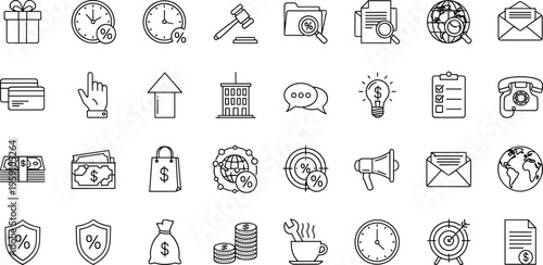 Finance and business line icons vector set with money banking clock security marketing communication and corporate symbols illustration