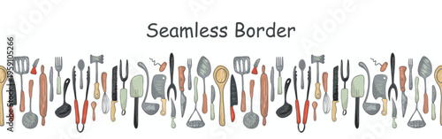 Seamless border repeatable pattern kitchen tools, cooking essentials, cookware, tableware pots, pans, spatulas, knives for food packaging, menus and recipe design.