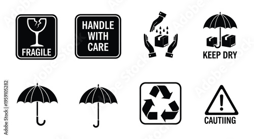 Set of black and white shipping and handling symbol icons displayed