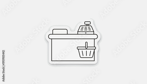 Cash Register and Shopping Basket Icon - Retail Checkout Counter Line Art